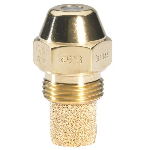 Öldüse mit halbholoem Kegel, aus Messing, mit Filter. Von der Marke Danfoss, geeignet für den Einsatz in Heizungs- oder Sprühsystemen.